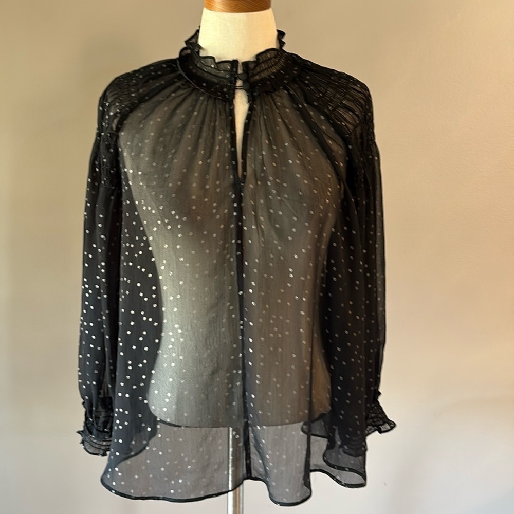 LOFT Black Sheer metallic Polka Dot Blouse OVERSIZED balloon sleeves /smocked XS
